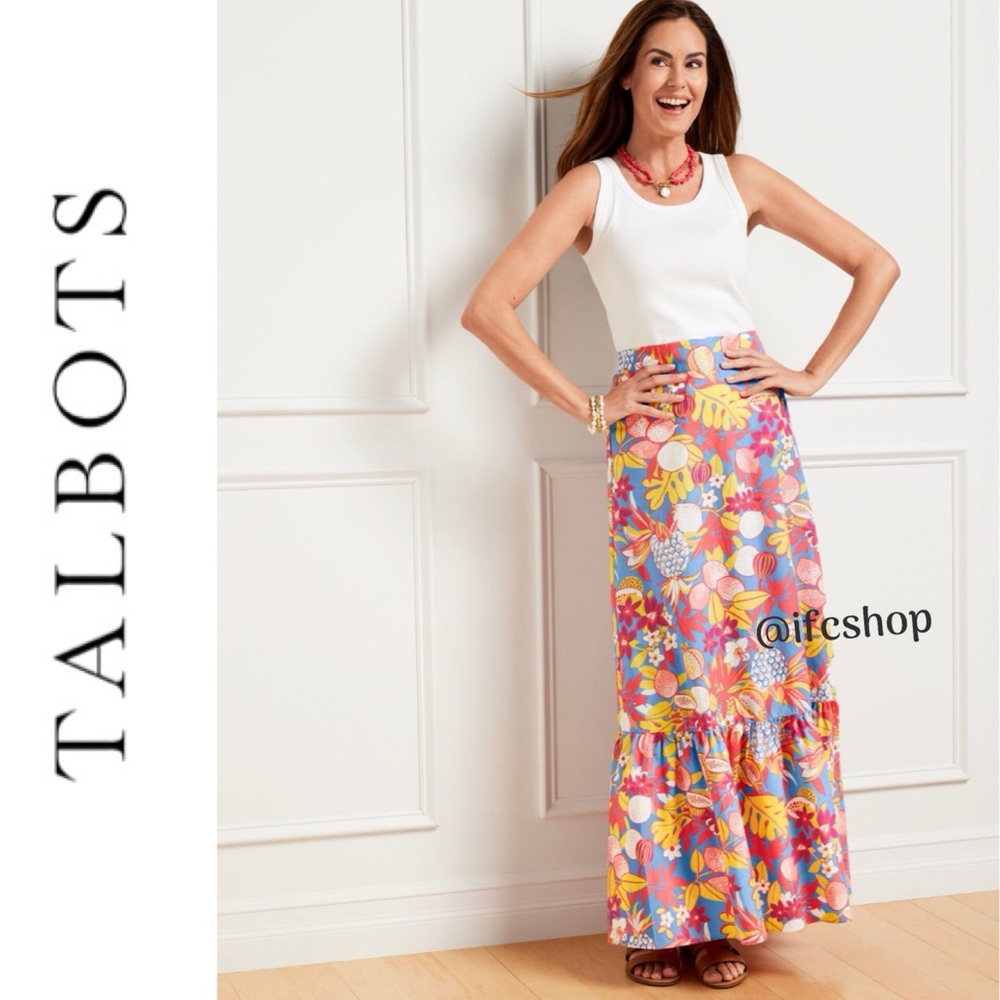 Talbots Fruits And Flowers Poplin Tiered Maxi Skirt